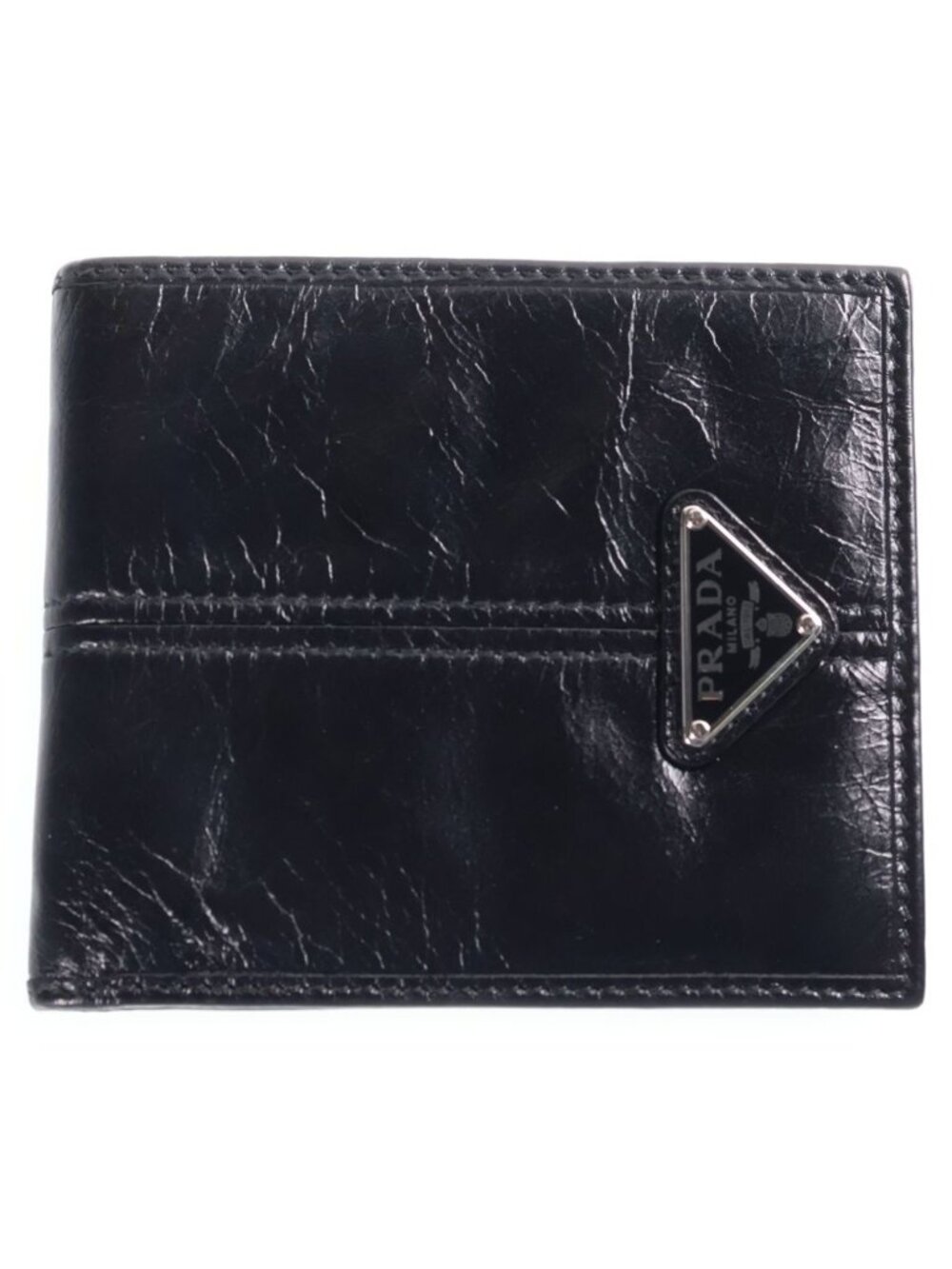 Prada Triangle Logo Bifold Wallet Compact Card Case Black Leather